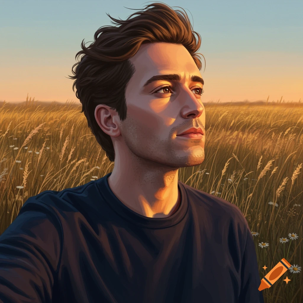 A stylized portrait of a man looking right in a sunlit golden field at sunset.
