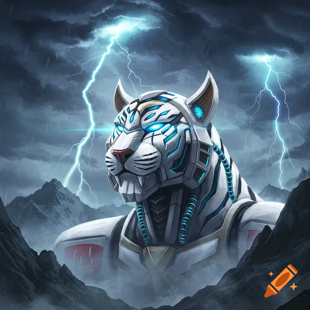 A white robotic tiger with glowing blue eyes and circuitry, against a stormy mountain backdrop with lightning.