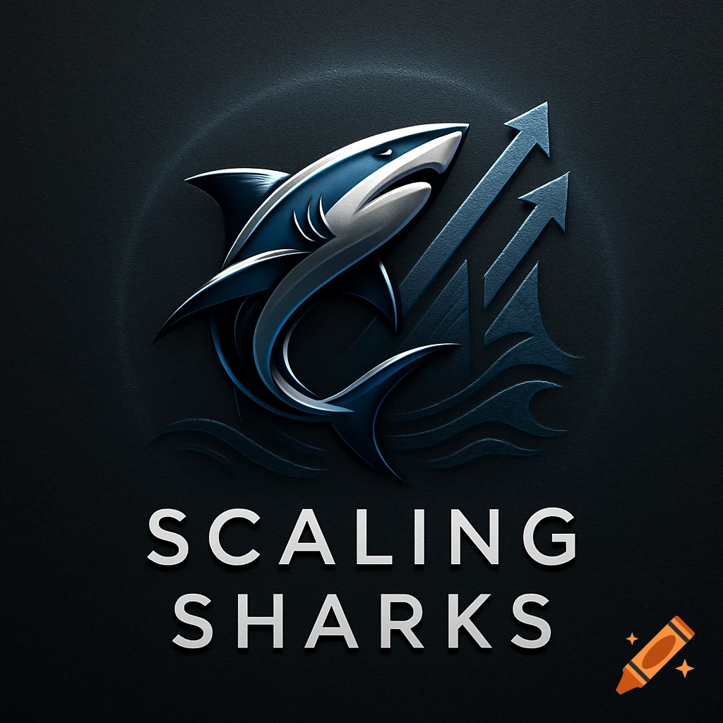 A dark blue and silver logo featuring a stylized shark leaping over waves with two upward-pointing arrows, and the text "SCALING SHARKS" below.