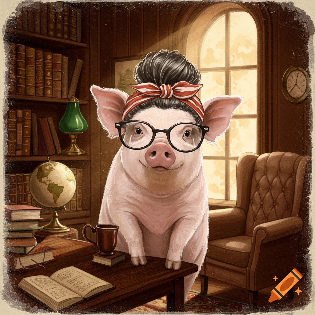 A smiling anthropomorphic pig with glasses and a bun stands at a desk in a cozy library, an open book and globe nearby.