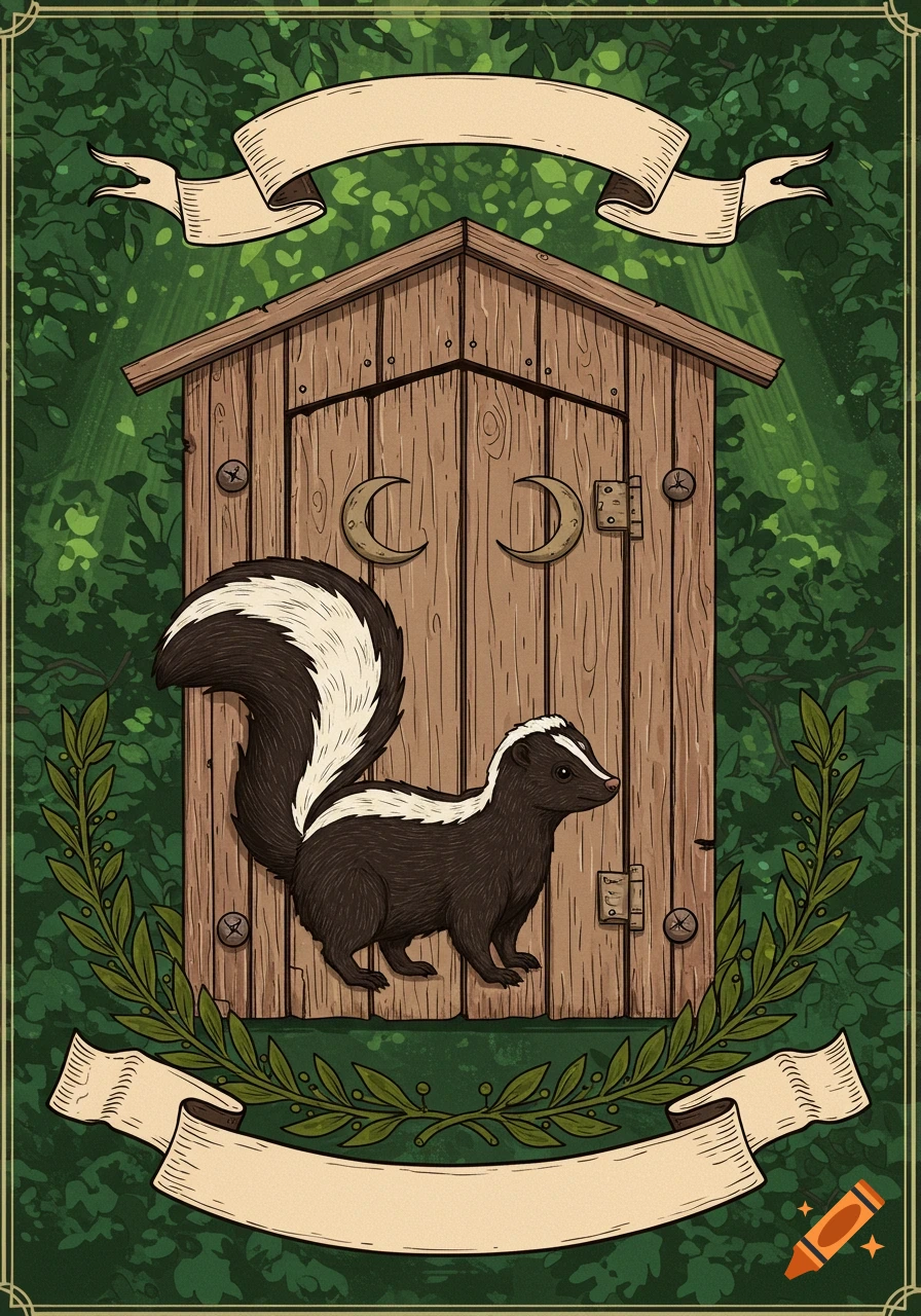 A whimsical illustration of a skunk standing in front of a wooden outhouse, framed by green leaves and banners.