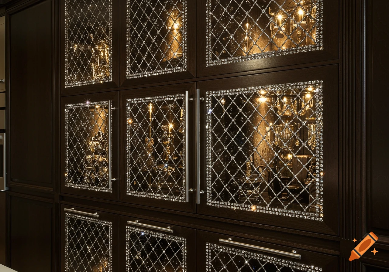 Photorealistic image of dark wood kitchen cabinets adorned with sparkling small diamonds on glass inserts.