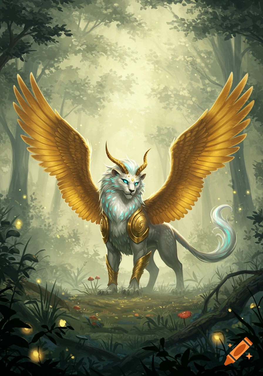 A majestic white winged lion-like creature with golden horns and glowing blue eyes, adorned with gold armor, stands in a magical, sunlit forest.