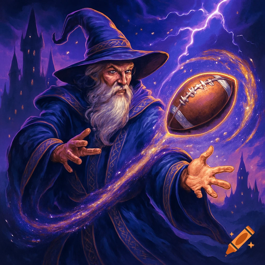 A powerful wizard in blue robes and a pointed hat conjures a glowing American football with magic, set against a dark, stormy sky with lightning and a distant castle.