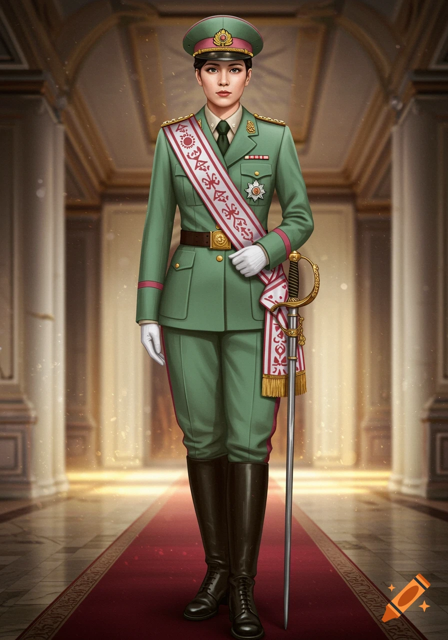 A full-body portrait of a woman in an elegant green and pink military dress uniform with a sword and cap, standing on a red carpet.