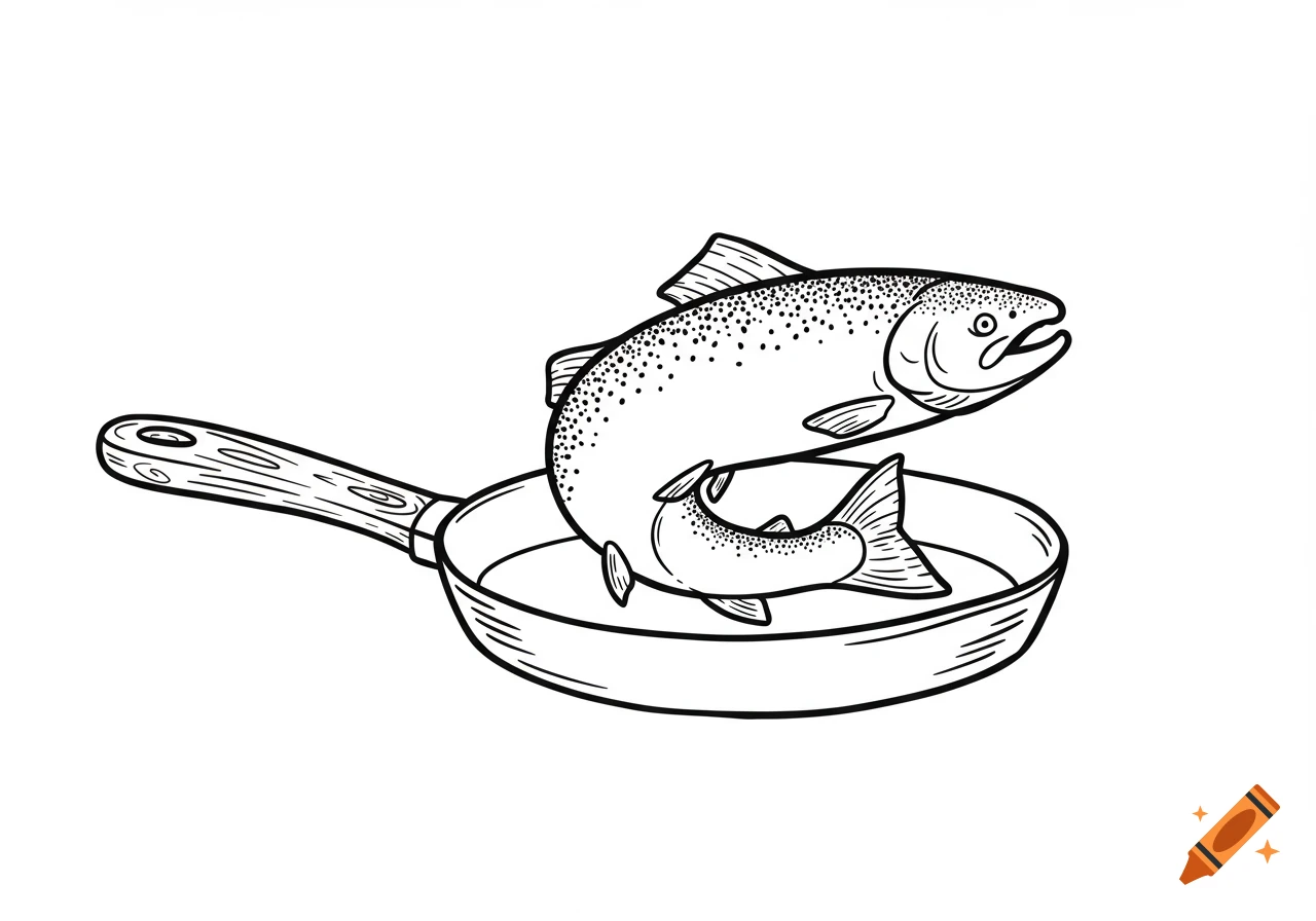 Black line drawing of a sockeye salmon curled inside a frying pan in cartoon style.
