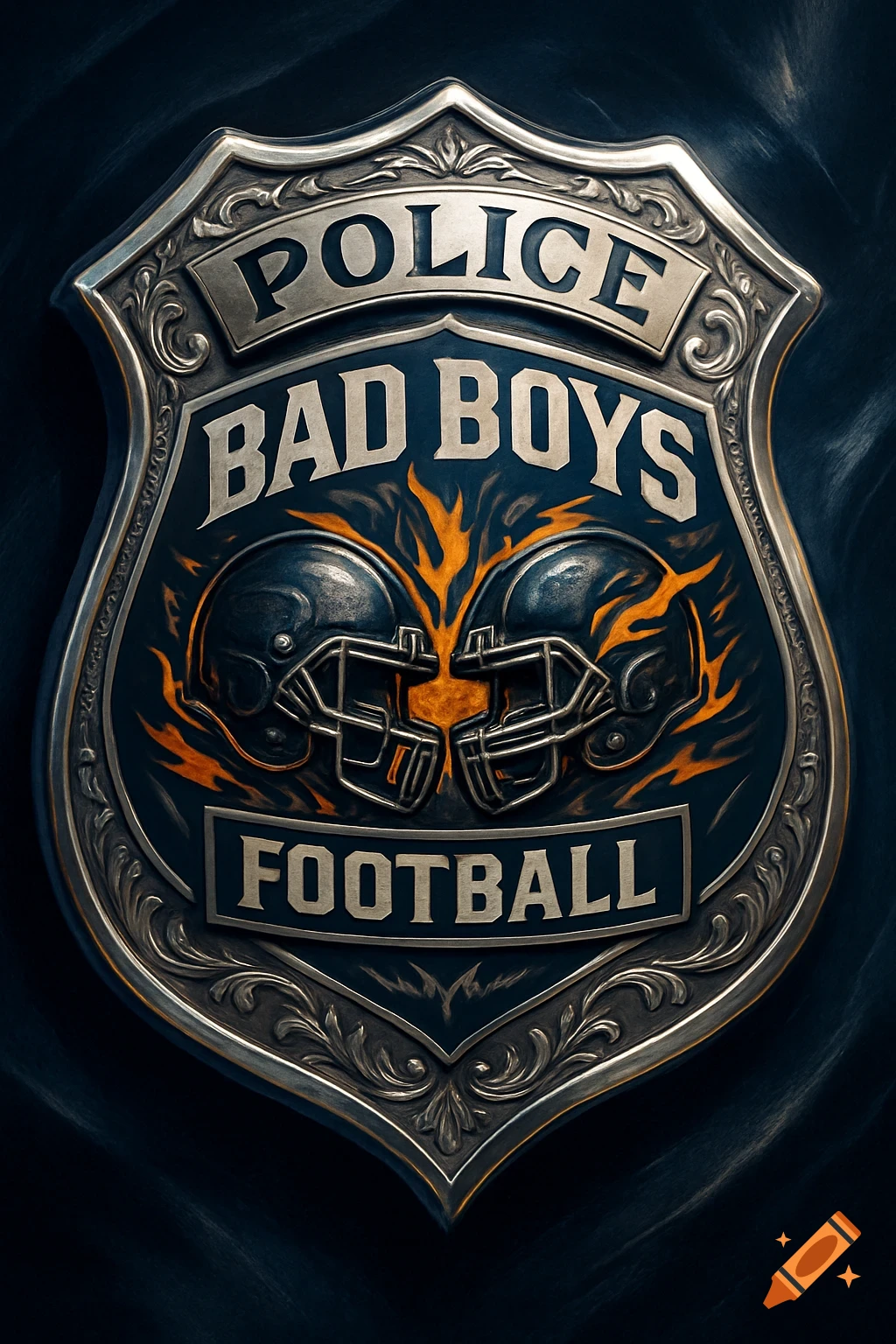 A detailed metallic police badge featuring the words 'POLICE BAD BOYS FOOTBALL', two football helmets, and orange flames.