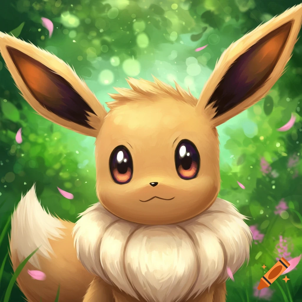 A cute brown Eevee with large ears and a fluffy collar sits in a vibrant green forest with pink petals falling.