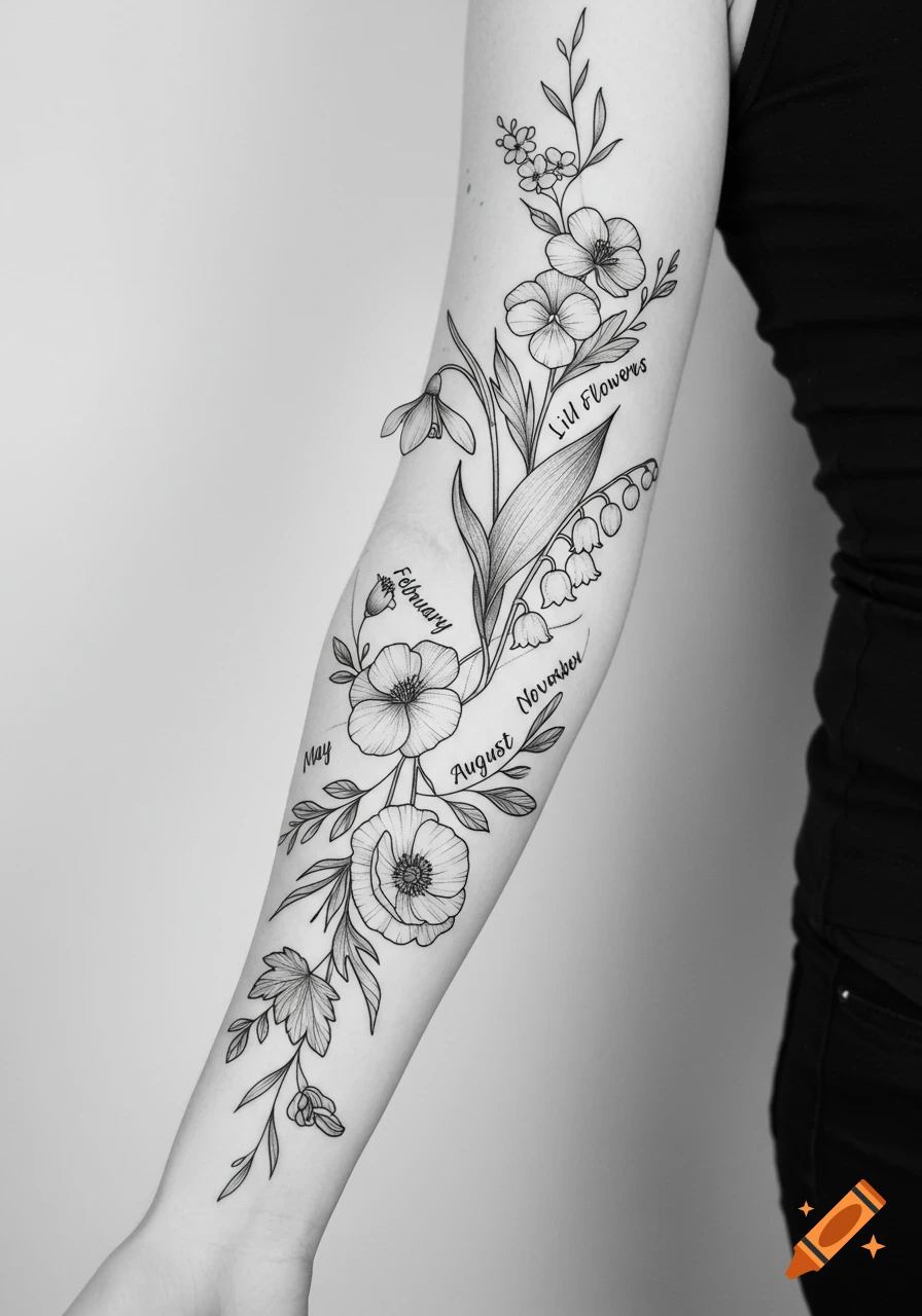 Black and white fine line floral tattoo on a person's forearm, featuring various flowers with months like February, May, August, and November.