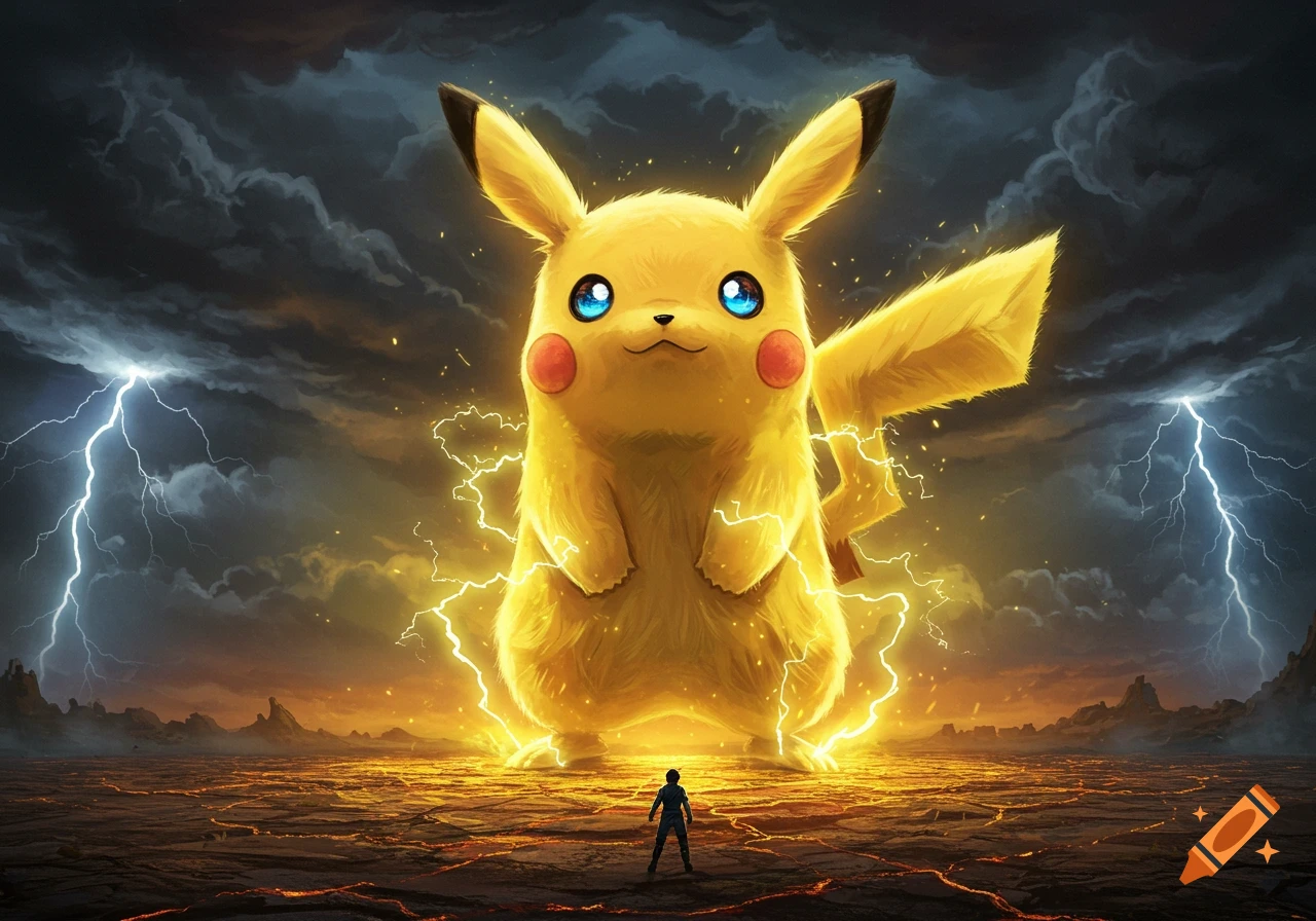 A giant, glowing Pikachu stands over a small human in a stormy, lightning-filled landscape with cracked ground, epic digital art.
