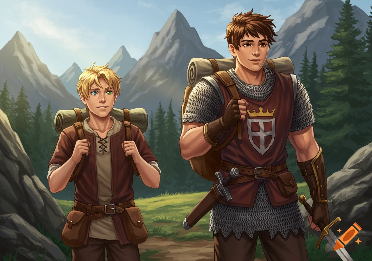 Two young men, dressed in medieval travel clothes with backpacks, hike a path through mountains and forests.