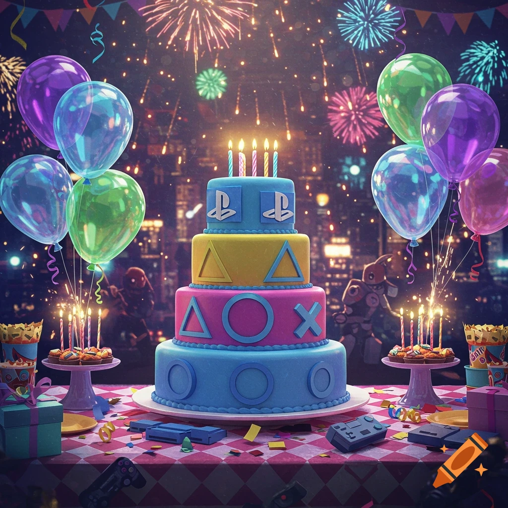 A vibrant birthday cake decorated with PlayStation symbols, surrounded by colorful balloons, fireworks, and party items on a checkered table.