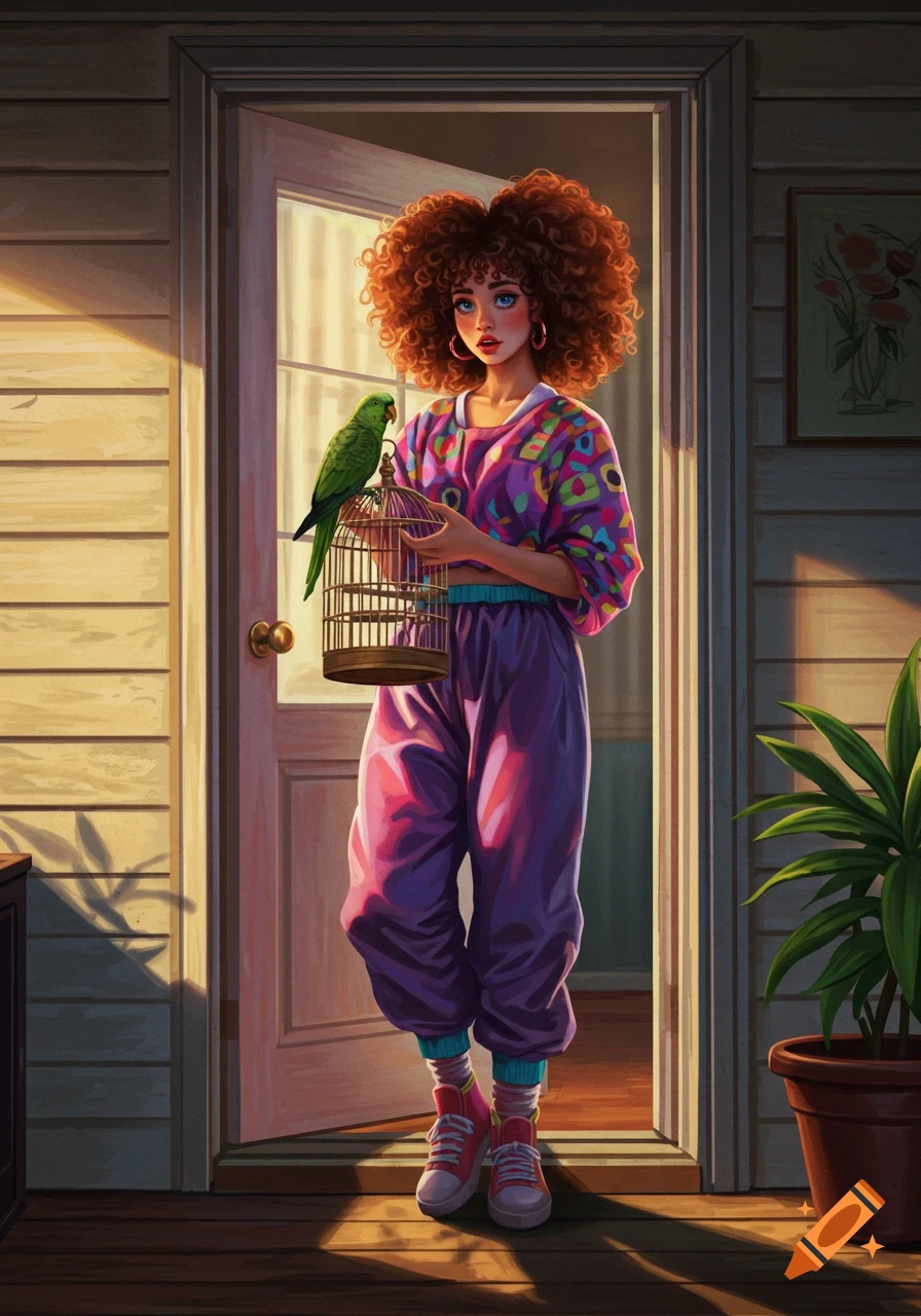 Young woman with curly red hair in colorful 80s attire holding a parrot in a cage, standing in a sunlit doorway. Digital illustration.