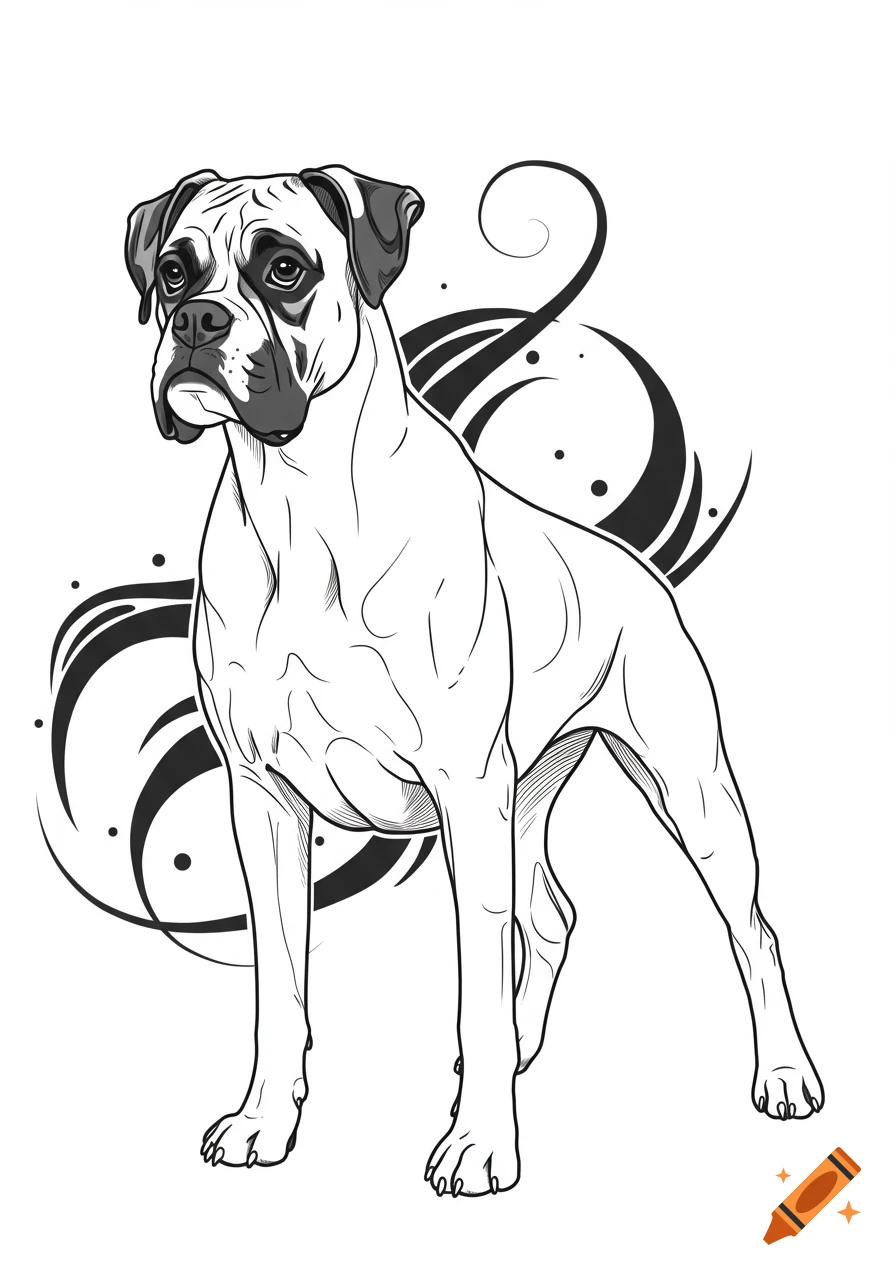 Black and white line art illustration of a boxer dog with abstract swirling elements.