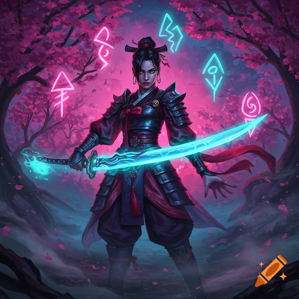 Female warrior in black and red armor holds a glowing blue sword amidst pink sakura trees and neon runes.