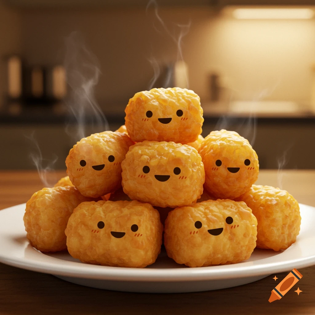 A pile of hot, steaming tater tots with smiling faces on a white plate in a kitchen.