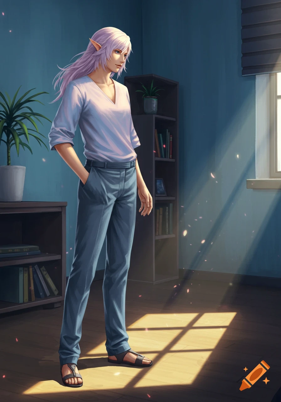 A male elf with long light purple hair stands in a sunlit room with bookshelves, wearing a white shirt and blue pants. Digital painting.