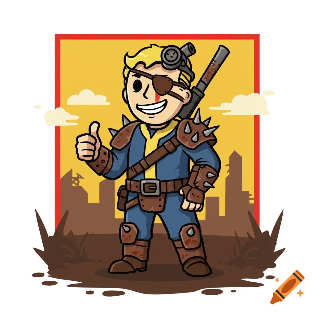 Cartoon Vault Boy from Fallout dressed as a raider, giving a thumbs up, with a wasteland background.