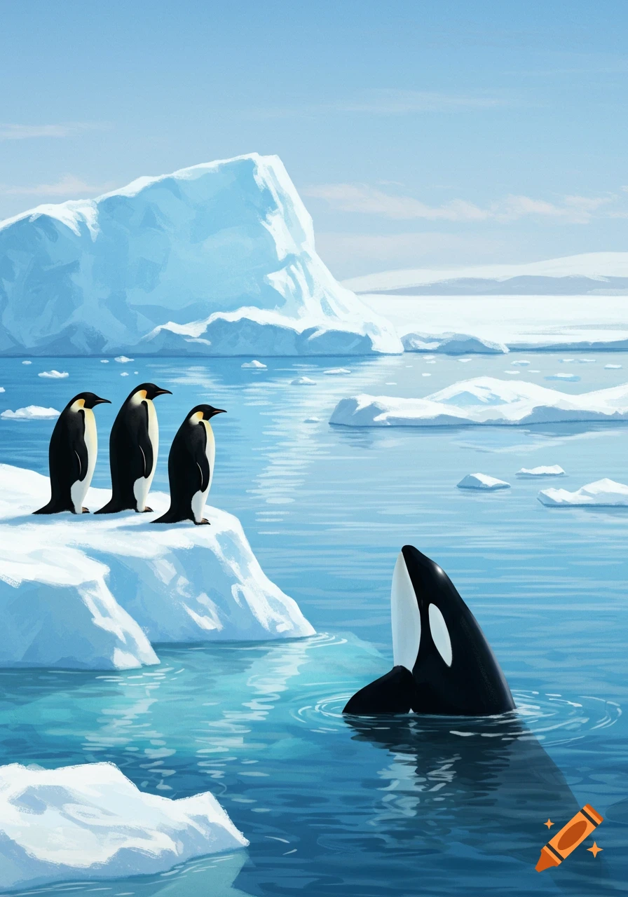Three emperor penguins on an iceberg observe a killer whale in icy blue waters amidst an arctic landscape.