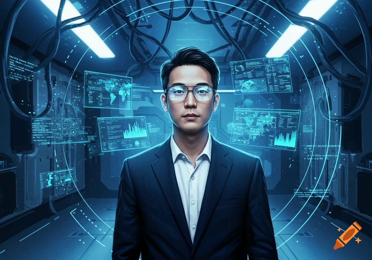 A serious man in a suit and glasses stands in a futuristic blue-lit server room with holographic data screens.