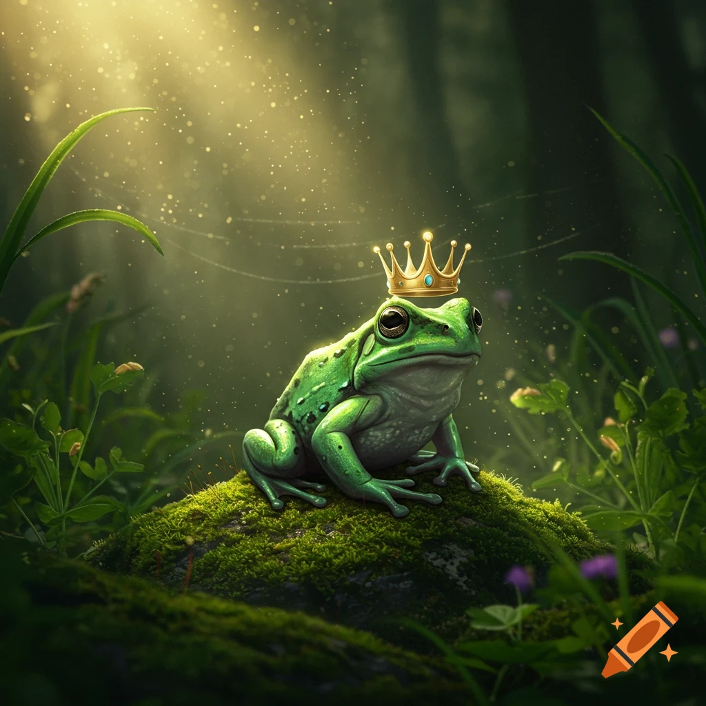 A vibrant green frog wearing a golden crown sits on a mossy rock in a sunlit forest.
