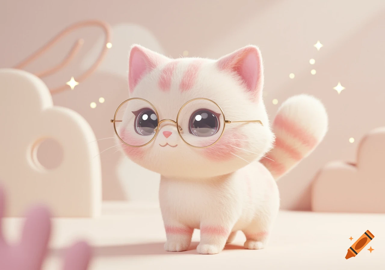 A cute, fluffy white cartoon cat with pink stripes, rosy cheeks, and large round glasses stands in a soft pink setting.
