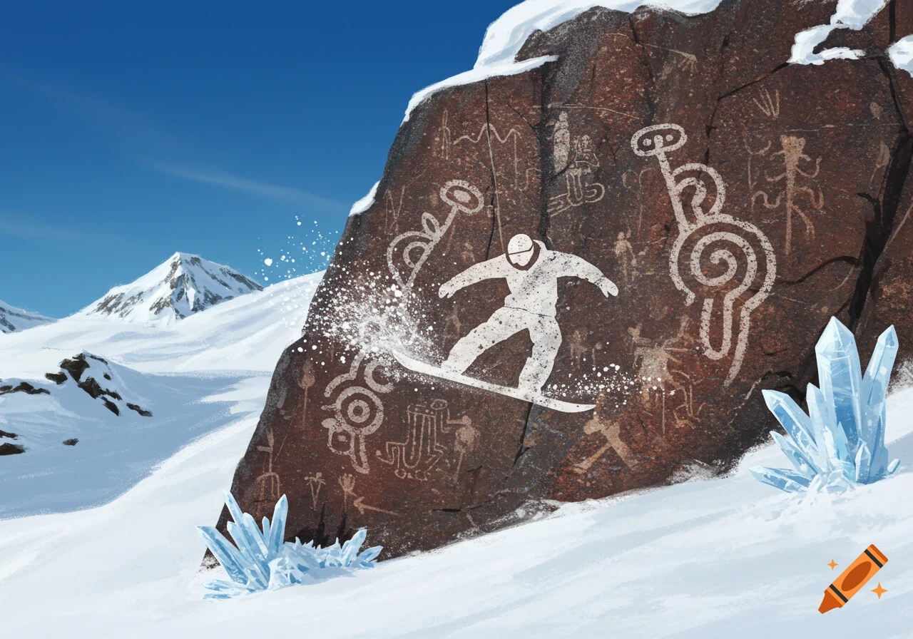 An illustrated snowboarder glides down a snowy mountain slope past a large rock with ancient petroglyphs and blue ice crystals.