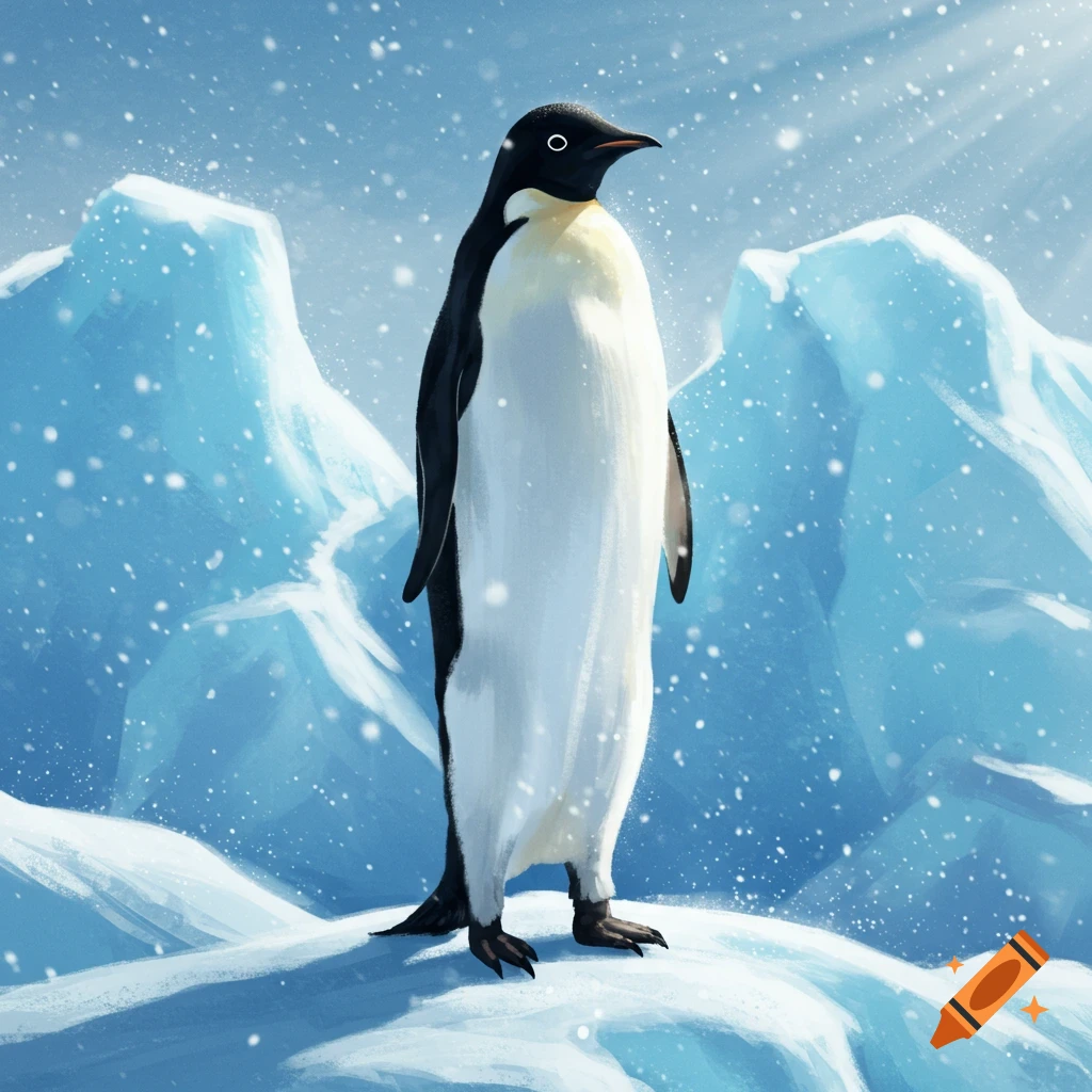 Illustration of a penguin with long legs standing on snowy ground with icebergs and falling snow.
