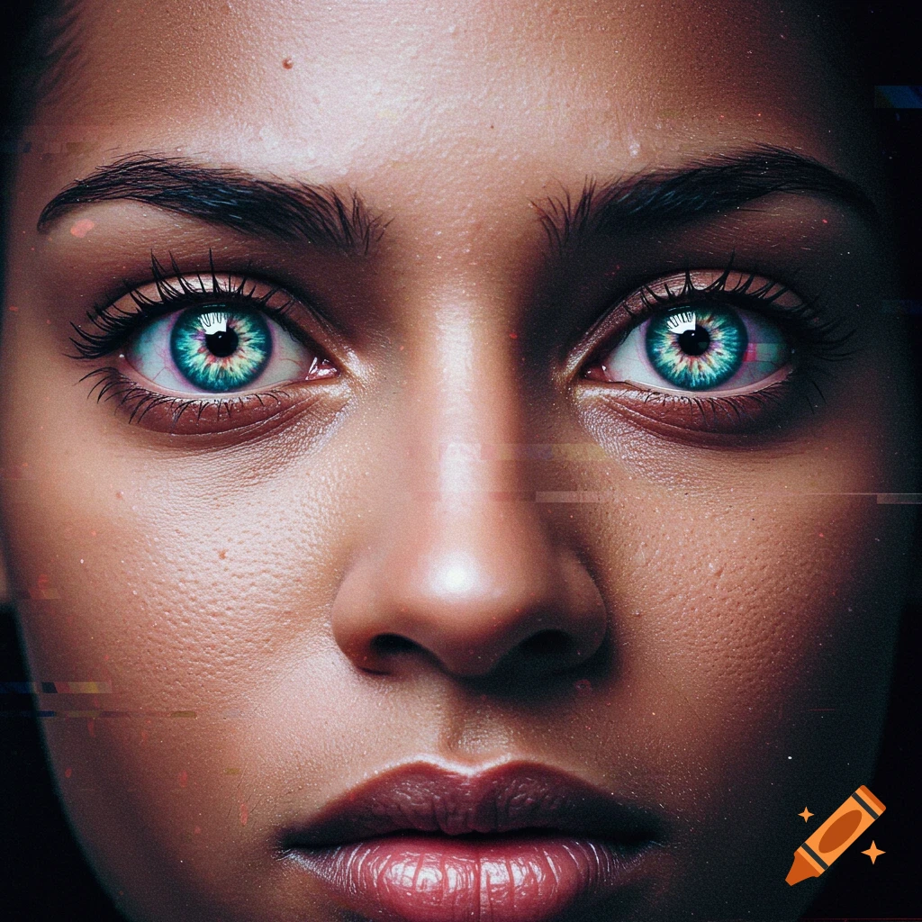 A close-up portrait of a person with large, vibrant teal eyes and a glitch art style.