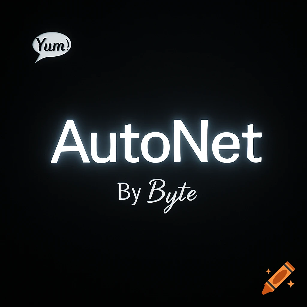 White glowing text 'AutoNet' with 'By Byte' below it on a black background, with a 'Yum!' speech bubble icon.