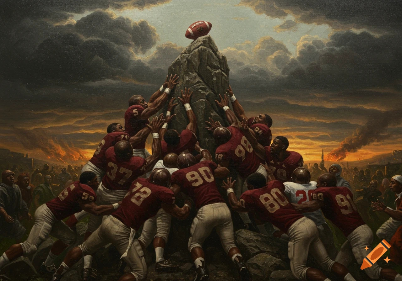 Renaissance-style oil painting of football players scrambling up a rocky outcrop for a football, under a dramatic, stormy sky.