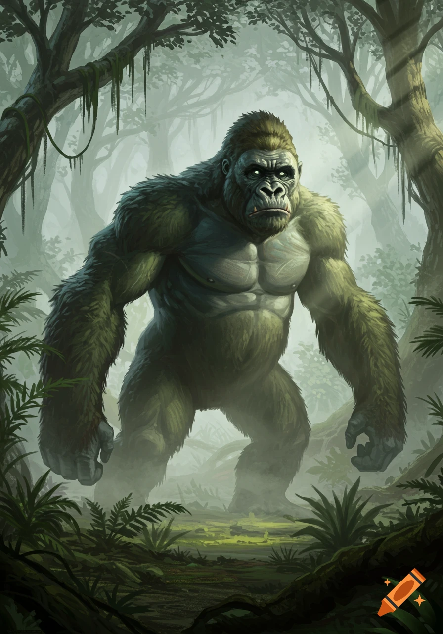 Link crawls away from two aggressive gorillas in a lush jungle