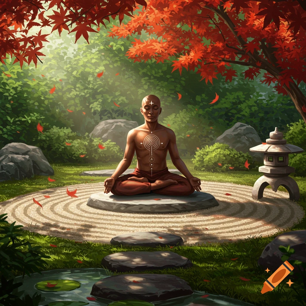A bald man meditates in the lotus position in a vibrant Japanese zen garden with red maple leaves and a stone lantern.