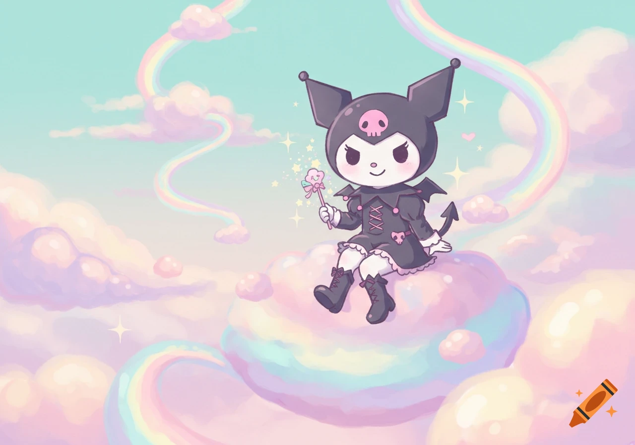Cute cartoon Kuromi sitting on a rainbow cloud, holding a lollipop in a pastel sky with more clouds and rainbows.