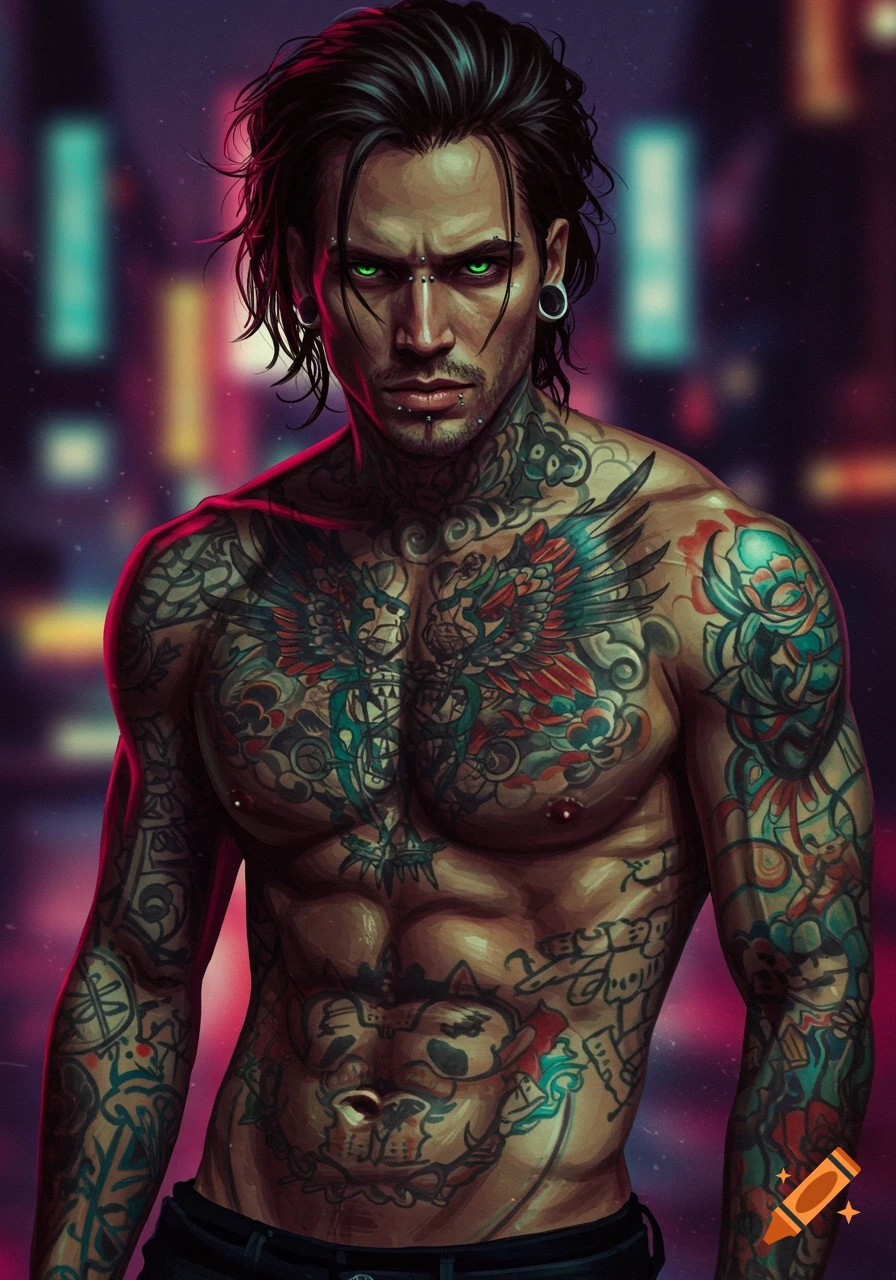 A dark-haired, green-eyed man with numerous tattoos and piercings stares intently against a blurry cyberpunk cityscape background.