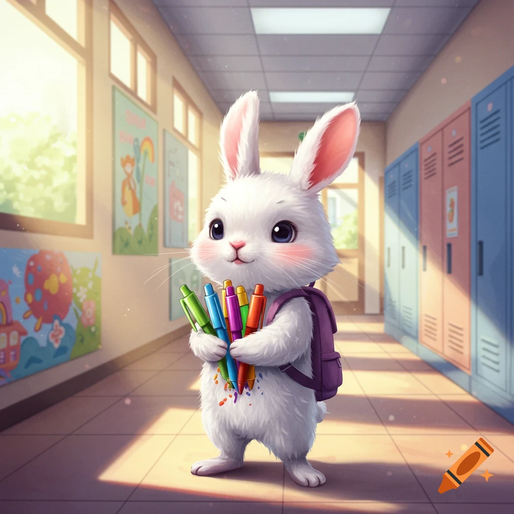 A cute white cartoon rabbit wearing a backpack, holding colorful pens and pencils in a sunlit school hallway.