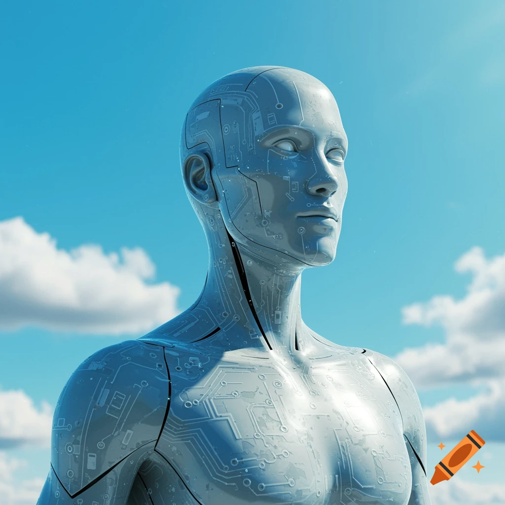 A gray, metallic robot with circuit patterns on its body, looking up against a blue sky with white clouds.