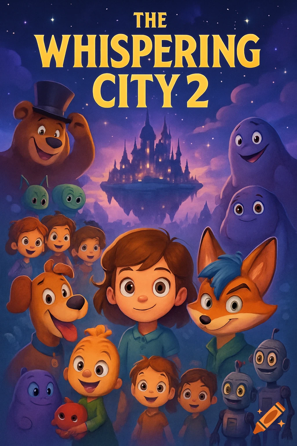 A cartoon movie poster for 'The Whispering City 2' featuring a girl, fox, dog, robots, monsters, and children in front of a floating fantasy city.