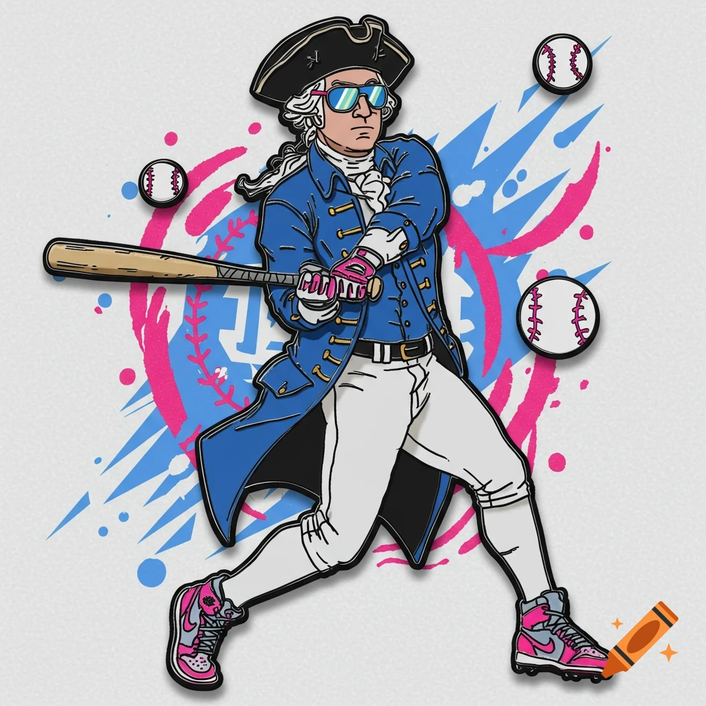 Cartoon pin of George Washington in a blue coat and pink sneakers, swinging a baseball bat with baseballs.