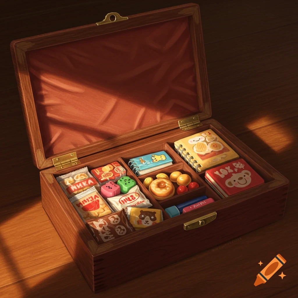 A top-down view of an open wooden box filled with various items, including snack packages, notebooks, a donut, and small colorful candies, illuminated by sunlight.