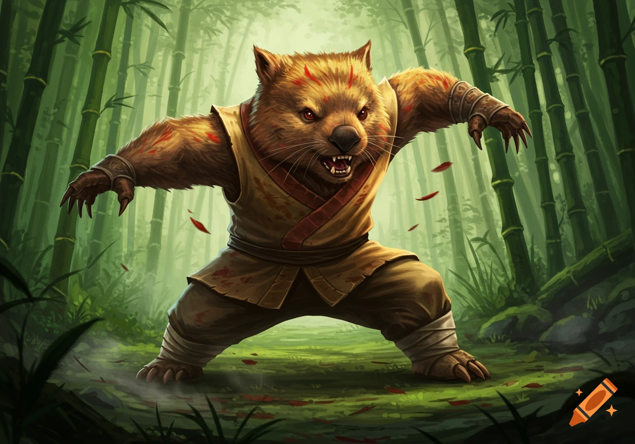 A fierce, stylized kung fu wombat with red markings stands in a fighting pose in a lush bamboo forest.