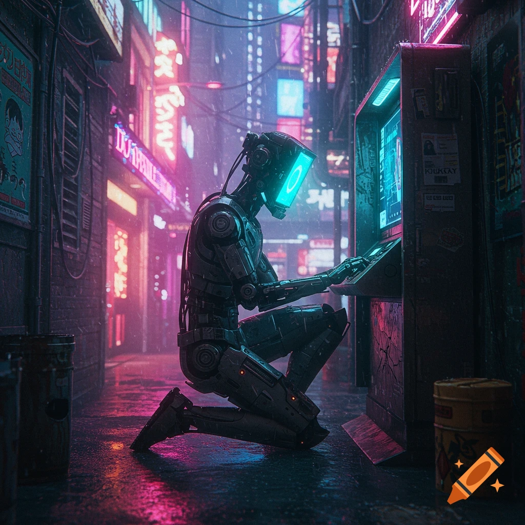 A futuristic robot with a glowing cyan screen face kneels at a public terminal in a dark, rainy cyberpunk alley with neon signs.