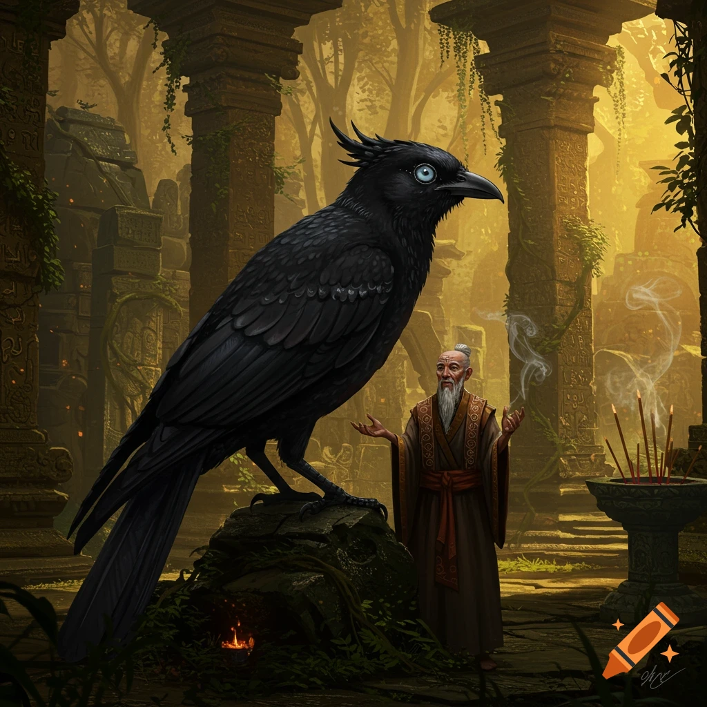 A wise old man in robes stands before a giant black bird with glowing blue eyes in overgrown ancient temple ruins, with incense burning.