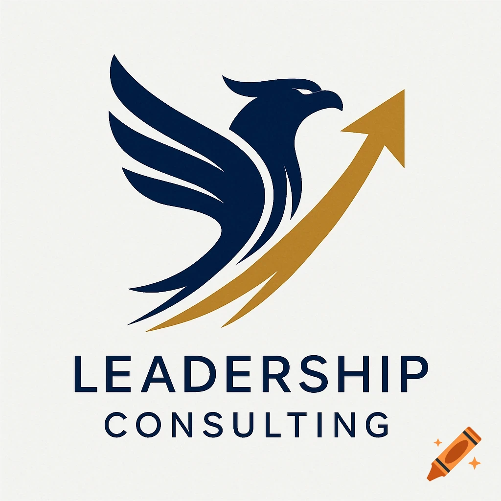 A dark blue eagle logo with a golden upward arrow and the text 'LEADERSHIP CONSULTING' on an off-white background.