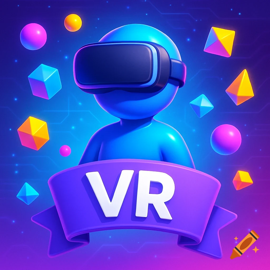 A playful 3D illustration of a blue character in a VR headset, surrounded by colorful geometric shapes, with 'VR' on a banner.