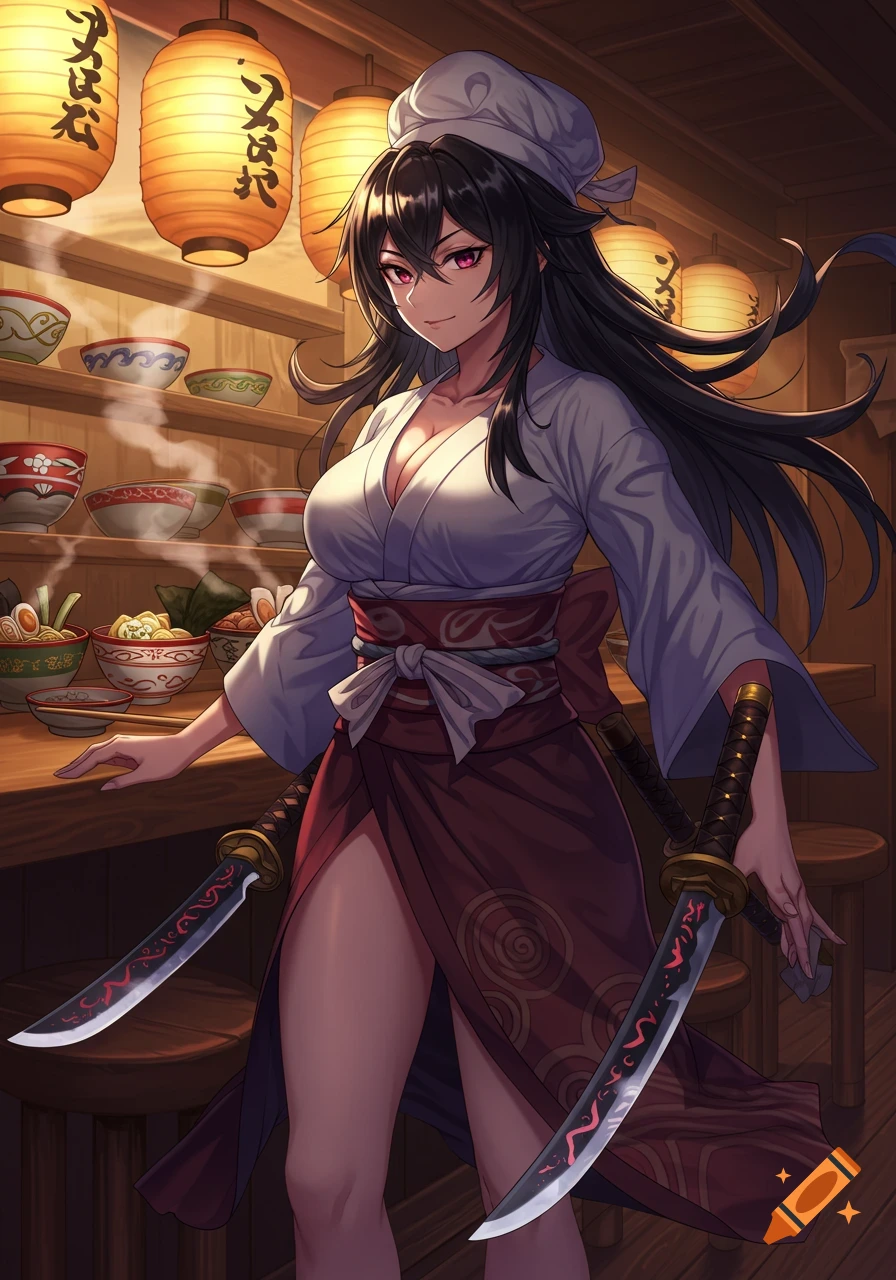 Anime woman in a chef's hat and kimono holding two swords in a ramen shop.