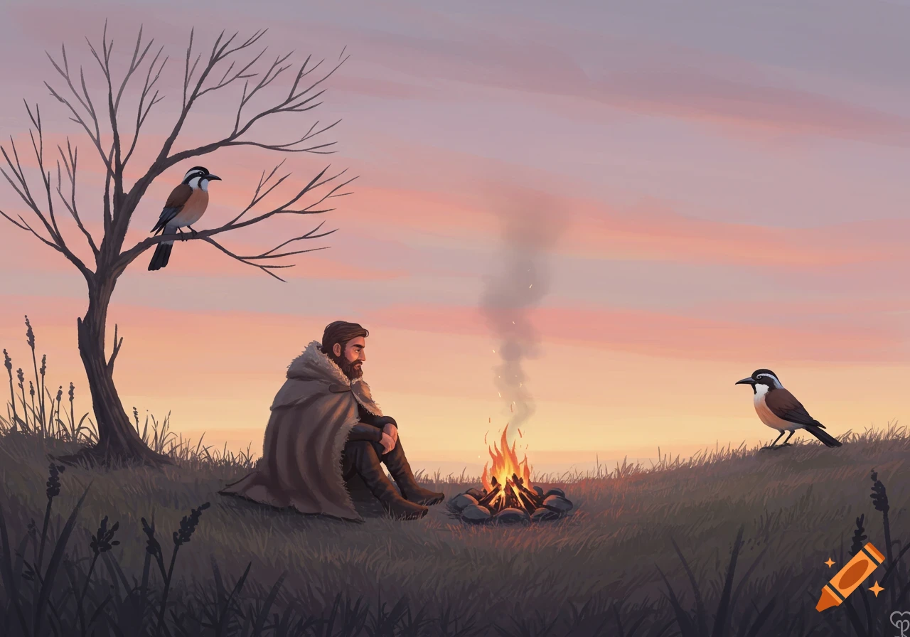 An illustration of a bearded man in a cloak warming himself by a campfire at sunrise, with two birds nearby.