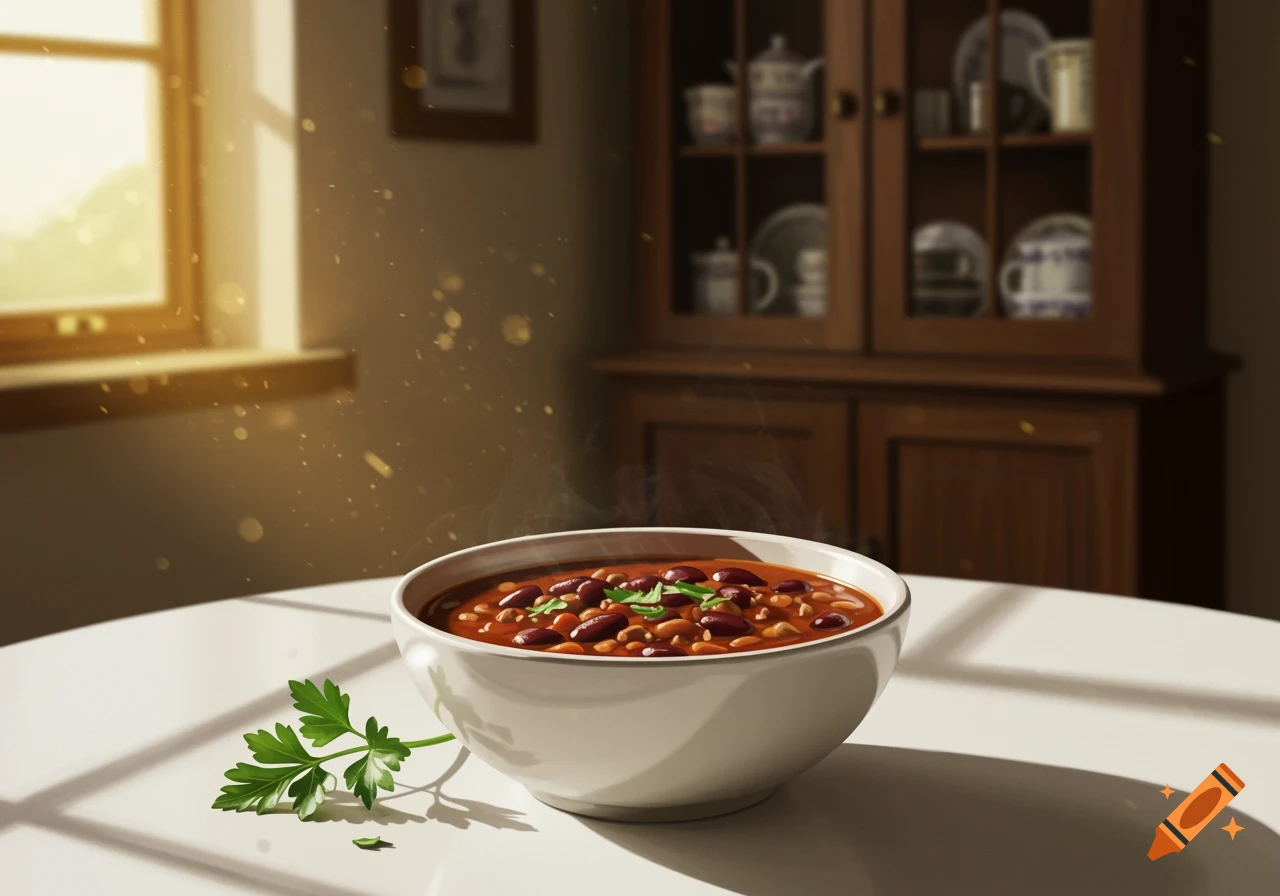 Steaming bowl of chili with beans and parsley on a white table, bathed in sunlight from a window, with a wooden cabinet in background. Photorealistic.