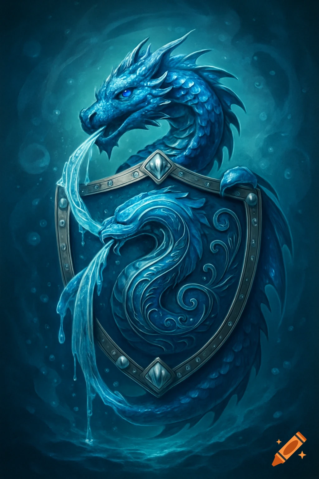A vibrant blue dragon crest with a shield, water dripping from the dragon's mouth, against a dark blue background.