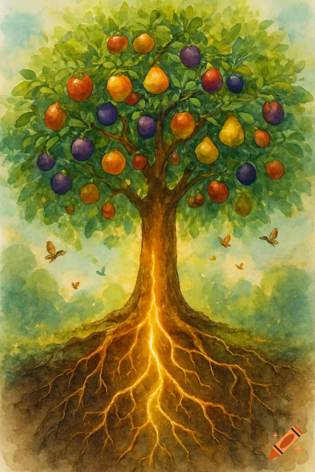 A watercolor painting of a vibrant tree with colorful fruits and glowing golden roots spreading into the earth.